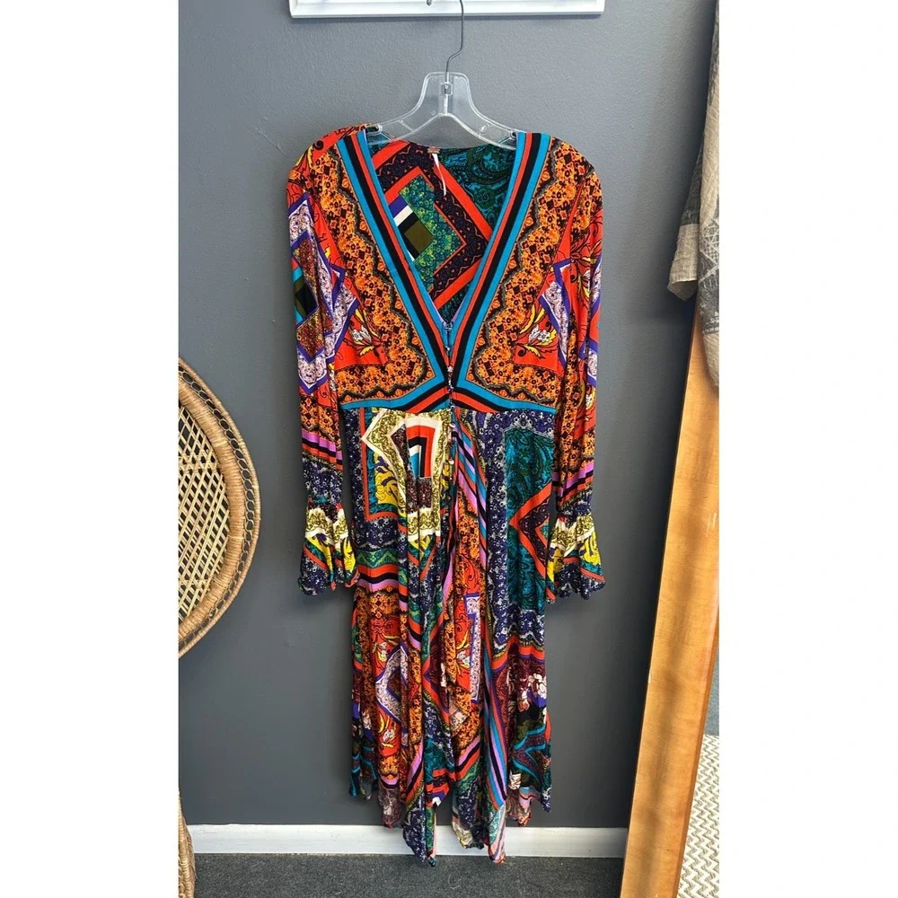 Free People Women Size XS Over‎ The Rainbow Dress Handkerchief Hem Boho Colorful
